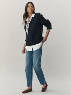 Next Bleu marine - Pulls look superposé en maille à col en V avec chemise Clearance