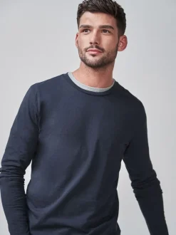 Next Bleu marine - Slim Fit (Slim Fit) - T-shirt à manches longues de cou d'équipage Outlet