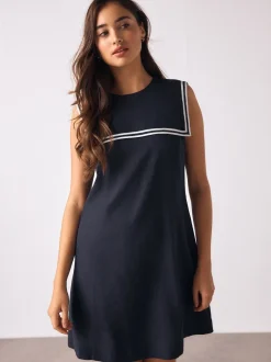 Next Bleu marine avec bascules écrues - Robe courte à col marin en lin Discount