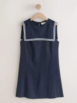 Next Bleu marine avec bascules écrues - Robe courte à col marin en lin Discount