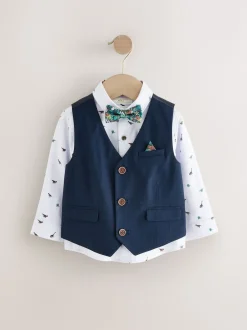 Next Bleu marine dinosaure - Ensemble gilet avec chemise et cravate Nœud (3mths-7yrs) Outlet