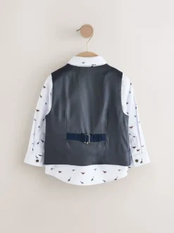 Next Bleu marine dinosaure - Ensemble gilet avec chemise et cravate Nœud (3mths-7yrs) Outlet
