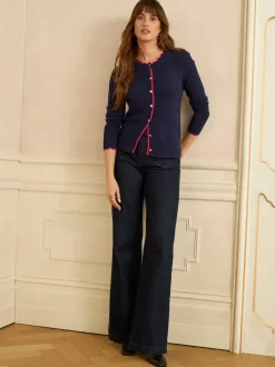 Love & Roses - Cardigan en maille Bleu marine et rose festonné Discount