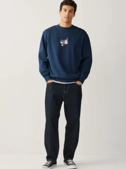 Next Bleu marine lavé - Sweat Imprimé Col ras du cou graphique Hot