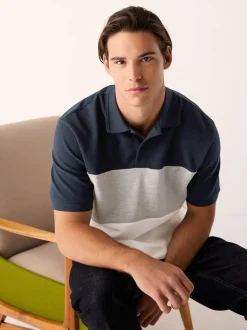 Next Bleu marine/gris - 100% Coton Manches courtes Polo bloc boutonné Online