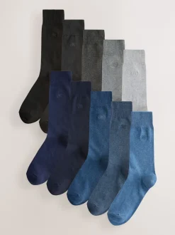 Next Bleu marine/gris chiné - Chaussettes brodées Lasting Fresh 10 Lot Outlet