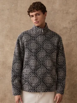 Next Bleu marine/gris imprimé - Polaire à col cheminée zippé New