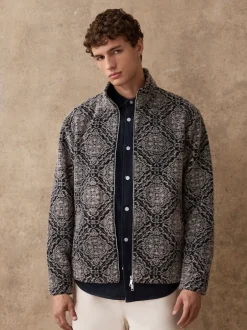 Next Bleu marine/gris imprimé - Polaire à col cheminée zippé New