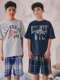 Next Bleu marine/gris universitaire - Carreaux Pyjamas courts tissés 2 Lot de (4-16ans) Clearance