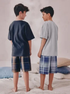 Next Bleu marine/gris universitaire - Carreaux Pyjamas courts tissés 2 Lot de (4-16ans) Clearance