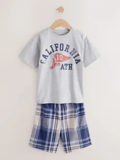 Next Bleu marine/gris universitaire - Carreaux Pyjamas courts tissés 2 Lot de (4-16ans) Clearance