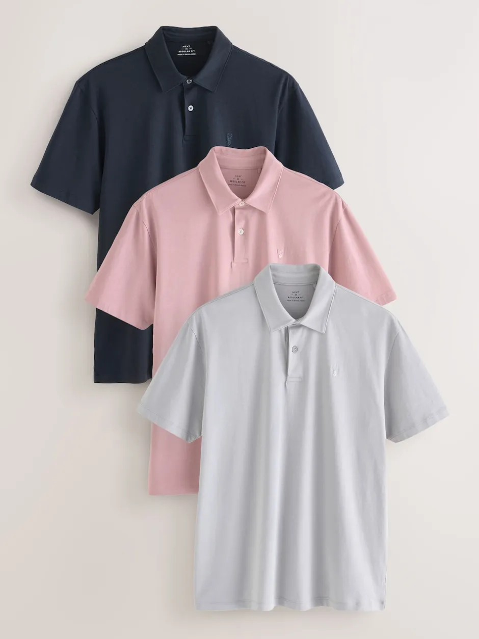 Next - Polo en jersey Manches courtes 3 Pack Bleu marine/gris/rose Best