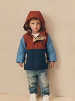 Next - Parka imperméable doublée de borg (3mois-7ans) Bleu marine/Rouge color block Clearance