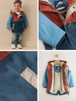Next - Parka imperméable doublée de borg (3mois-7ans) Bleu marine/Rouge color block Clearance