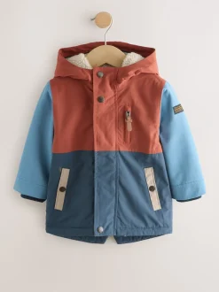 Next - Parka imperméable doublée de borg (3mois-7ans) Bleu marine/Rouge color block Clearance