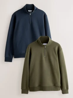 Next Bleu marine/vert kaki - Lot de 2 sweat-shirts à col zippé en jersey épais riche en coton Best