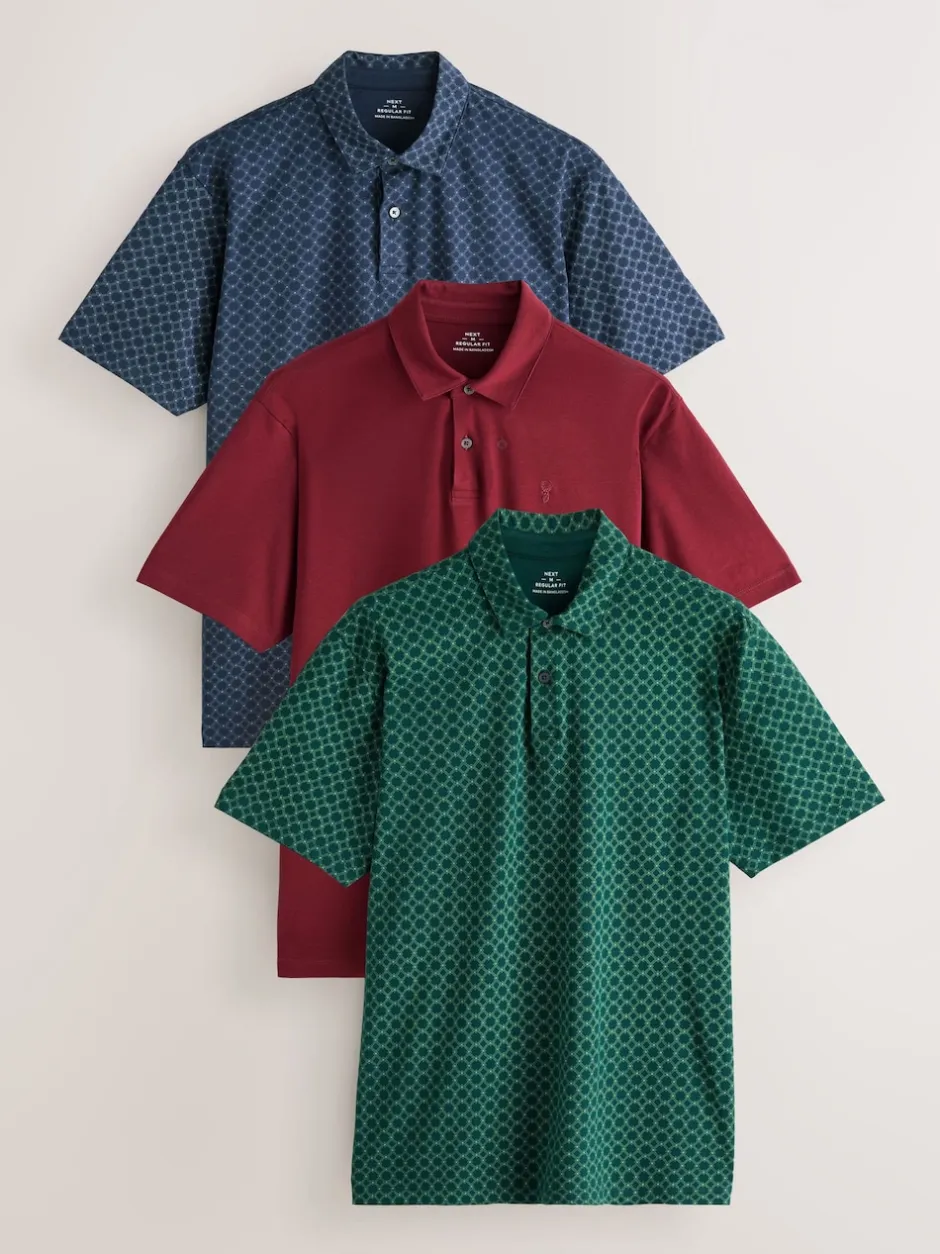 Next - Polo en jersey Manches courtes 3 Pack Bleu marine/vert/bordeaux/géos New