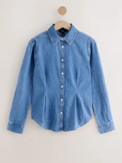 Next Bleu moyen - Chemise en denim ajustée à manches longues à taille cintrée Discount