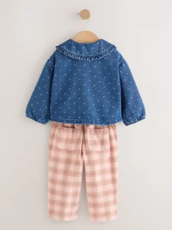 Next Bleu moyen - Ensemble chemise Denim et Pantalons à Carreaux (3mois-7ans) Outlet