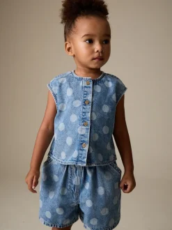 Next Bleu moyen - Ensemble gilet et Shorts Denim à pois (3mois-7ans) Clearance