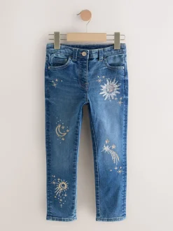 Next Bleu moyen - Jean droit brodé fleuri (3-16ans) Skinny Fit (Skinny Fit) Outlet