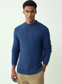 Next Bleu moyen - Pull à col rond en coton riche à torsades coupe classique Sale