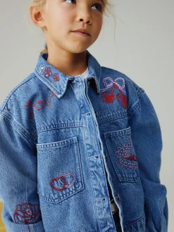 Next Bleu moyen - Veste-chemise Denim Brodé Cœur (3-16ans) Outlet
