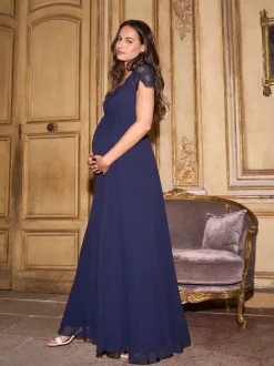 Seraphine Bleu nuit - Robe haut de gamme en soie à manches Dentelle de maternité Best