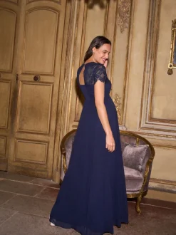 Seraphine Bleu nuit - Robe haut de gamme en soie à manches Dentelle de maternité Best