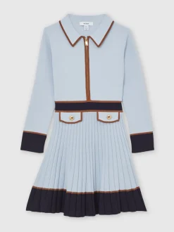 Reiss bleu pâle - Robe Anne plissée en maille à liserés Outlet