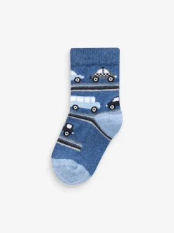 Next - Paquet de chaussettes en coton riche 7 Bleu rayures/transport Sale