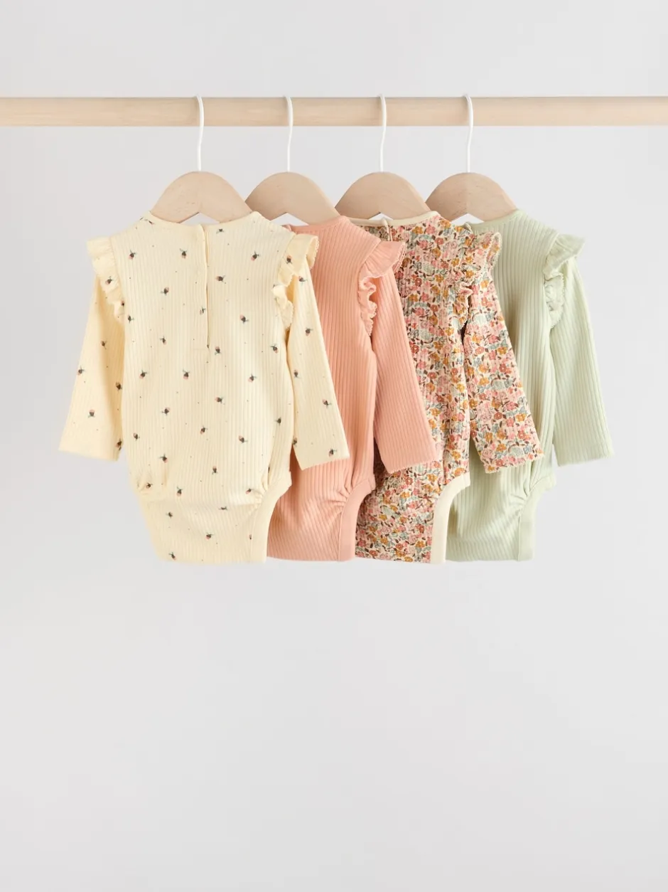 Next Bleu/Crème/Coral Ditsy - Body à volants et manches longues bébé Lot de 4 (0mois2ans)