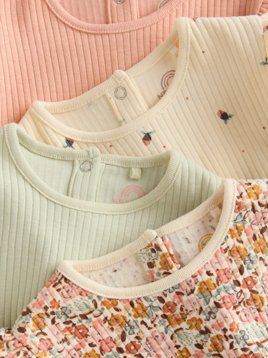 Next Bleu/Crème/Coral Ditsy - Body à volants et manches longues bébé Lot de 4 (0mois2ans)