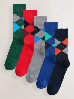 Next - Paquet de chaussettes à motifs 5 Bleu/Orange/Vert Argyle Sale