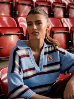 Next Bleu/Rouge Rayé - Pull polo à manches mi-longues à col ouvert avec laine Online