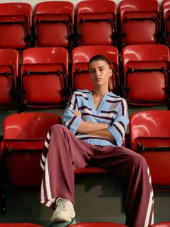 Next Bleu/Rouge Rayé - Pull polo à manches mi-longues à col ouvert avec laine Online