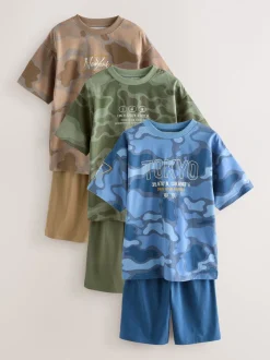 Next - Pyjama court 3 Pack (3-16ans) Bleu/Vert camouflage Outlet