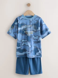 Next - Pyjama court 3 Pack (3-16ans) Bleu/Vert camouflage Outlet