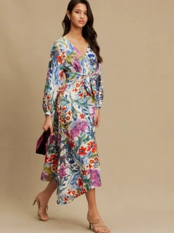 Next Bleu/Vert Fleuri Imprimé - Robe mi-longue à manches longues ceinturée à la taille Best