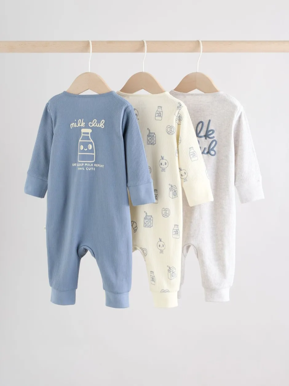 Next Blue Milk Club - Combinaisons de nuit à fermeture éclair pour bébés 3 Pack (0mths-3yrs) Clearance