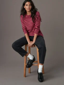 Next - T-shirt à manches longues de cou d'équipage Bordeaux rouge rayé Clearance