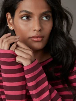 Next - T-shirt à manches longues de cou d'équipage Bordeaux rouge rayé Clearance