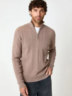 Threadbare Brun clair - pull à col zippé en maille torsadée Outlet