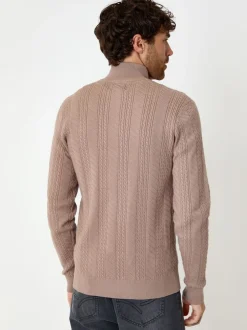 Threadbare Brun clair - pull à col zippé en maille torsadée Outlet