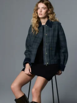 Next Carreaux bleu marine - Veste Hertiage avec col en velours côtelé Discount