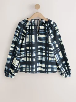 Next Carreaux bleu marine/écru - Chemisier décontracté à manches longues avec trou de serrure Discount