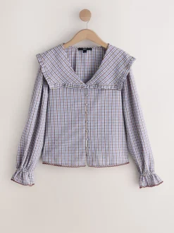 Next Carreaux bleux/marron - Chemisier à manches longues et col oversize Online