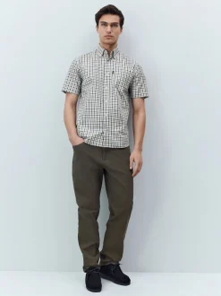 Next - Chemise Oxford Easy Iron boutonnée à manches courtes Carreaux Vichy bleu marine/neutre New