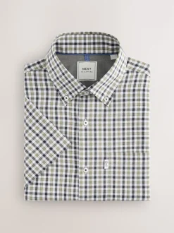 Next - Chemise Oxford Easy Iron boutonnée à manches courtes Carreaux Vichy bleu marine/neutre New