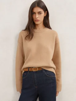 Reiss - Pull Ella à col rond en laine et cachemire chameau Outlet